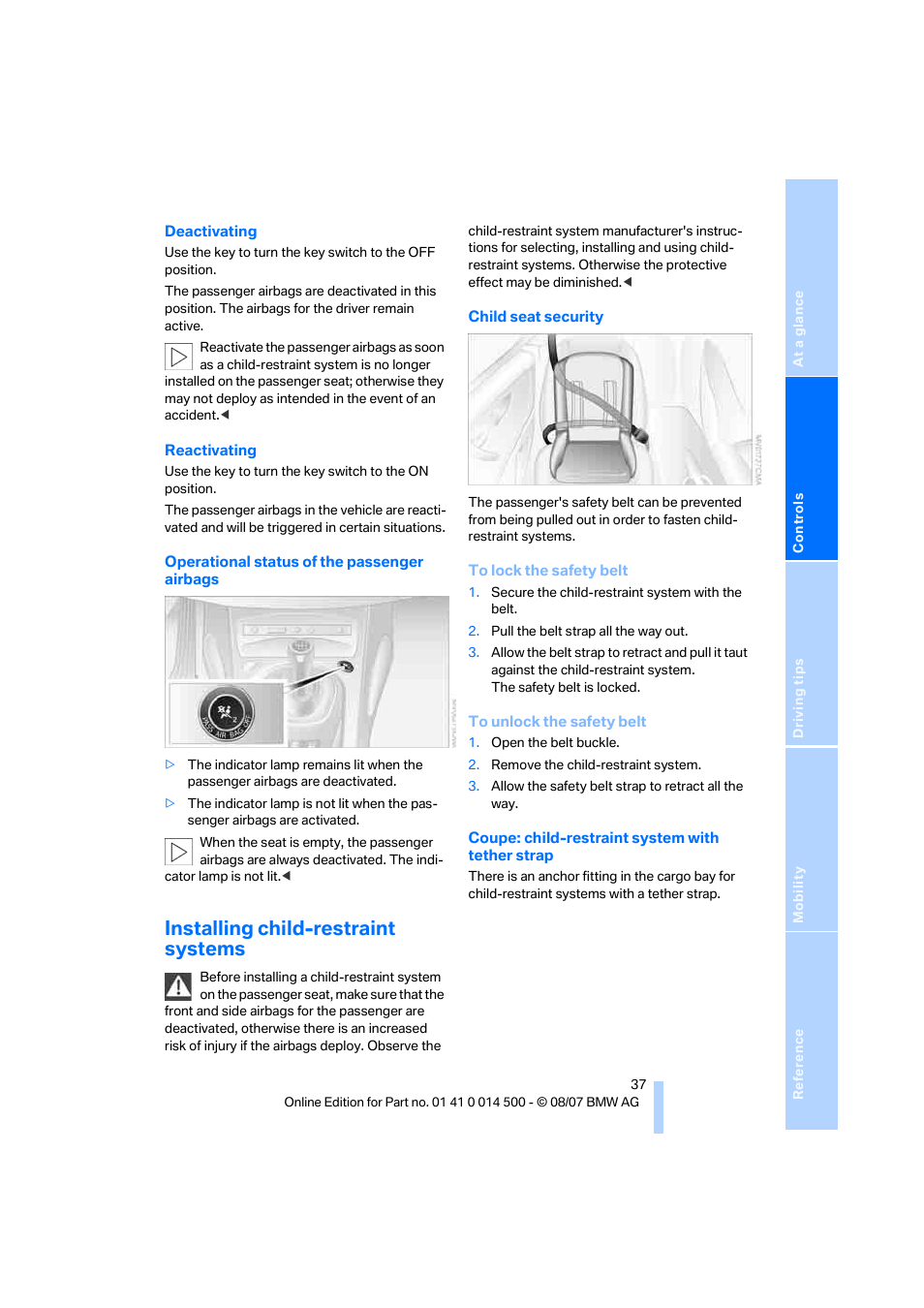 Installing child-restraint systems | BMW Z4 Roadster 3.0si 2008 User Manual | Page 39 / 132