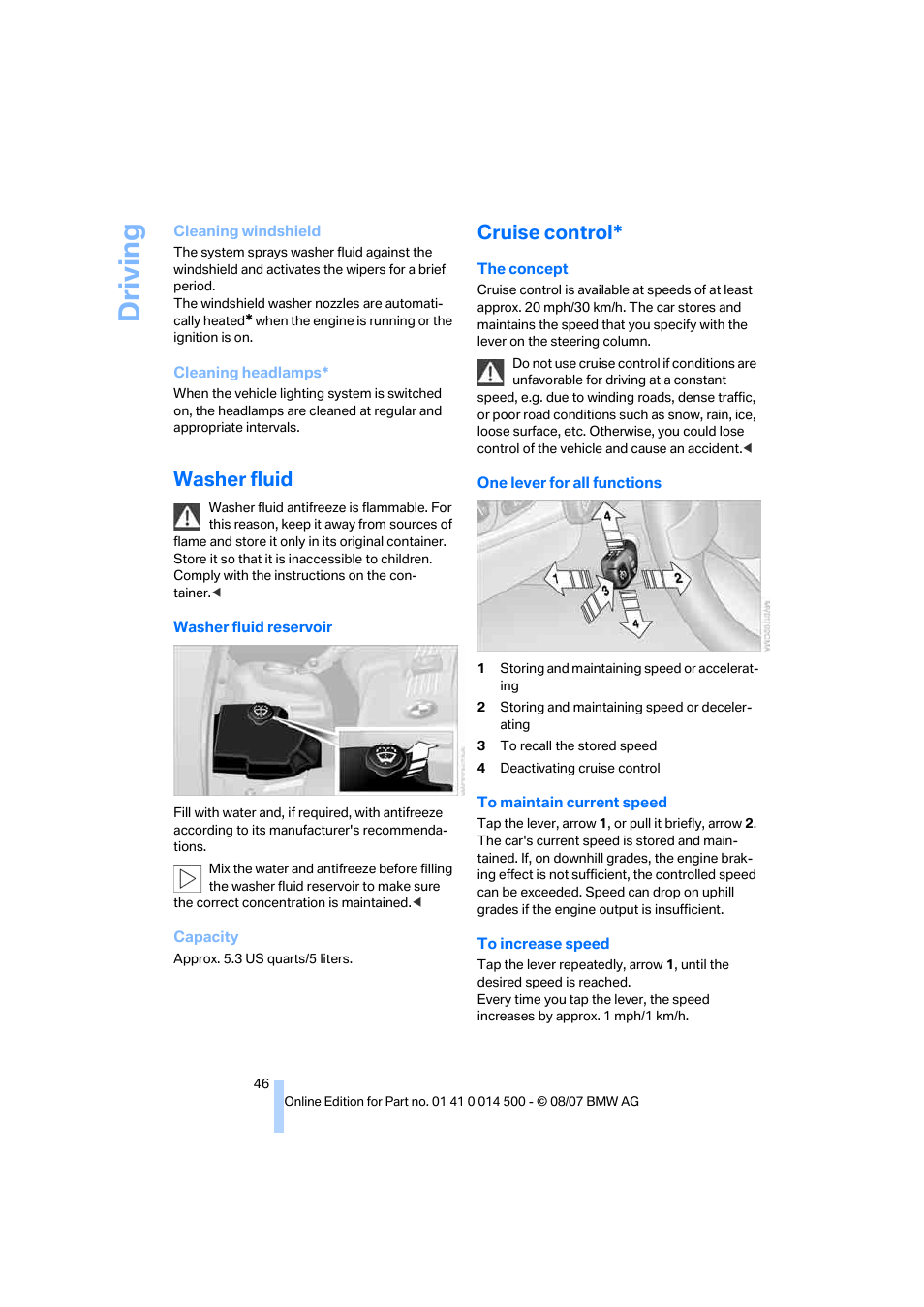 Washer fluid, Cruise control, Washer fluid on | Driving | BMW Z4 Roadster 3.0si 2008 User Manual | Page 48 / 132