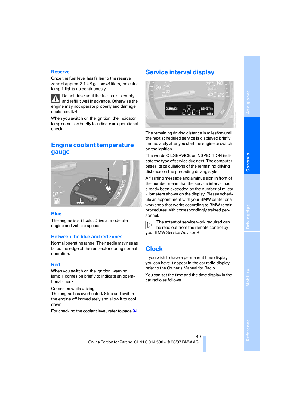 Engine coolant temperature gauge, Service interval display, Clock | BMW Z4 Roadster 3.0si 2008 User Manual | Page 51 / 132