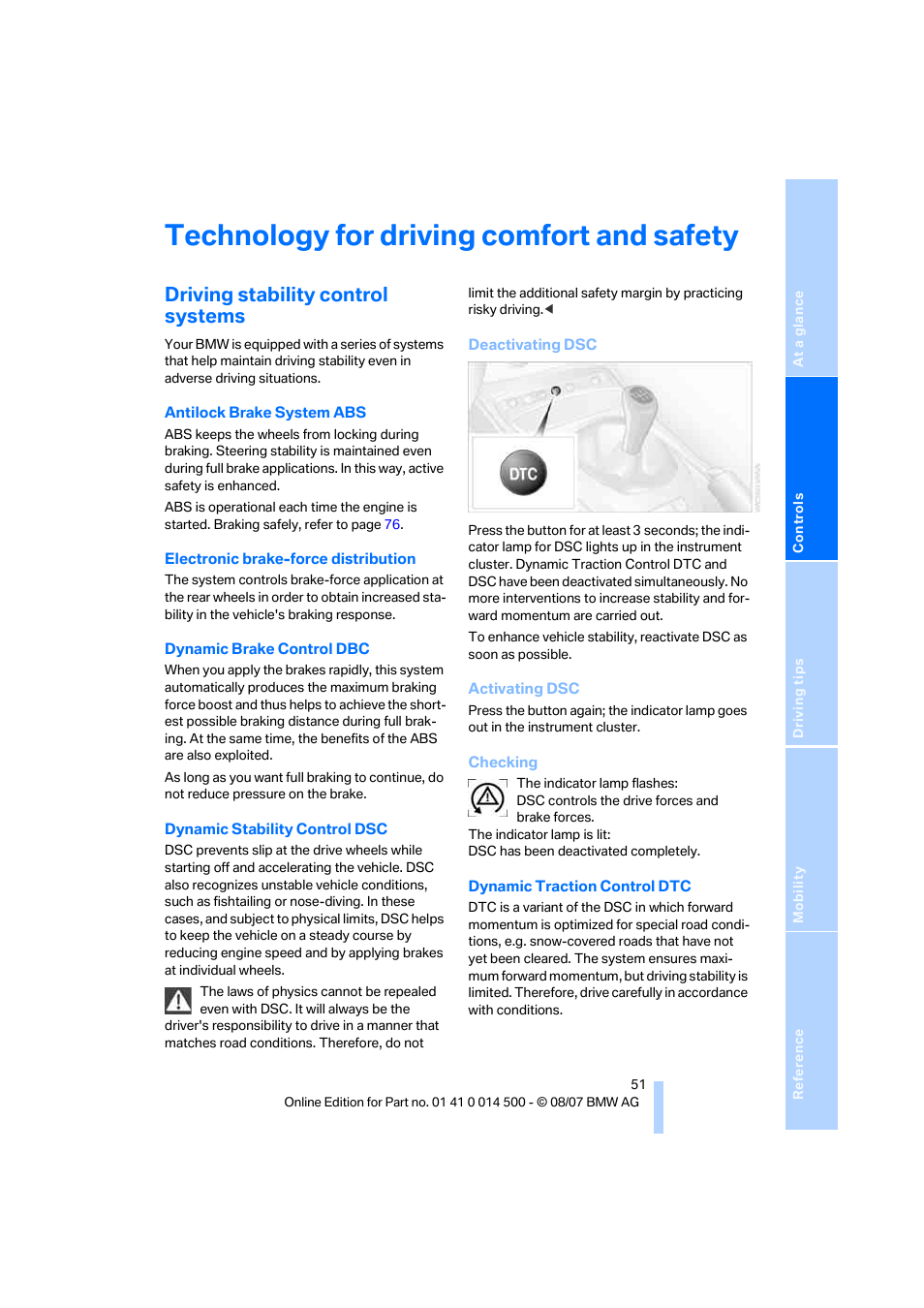 Technology for driving comfort and safety, Driving stability control systems | BMW Z4 Roadster 3.0si 2008 User Manual | Page 53 / 132