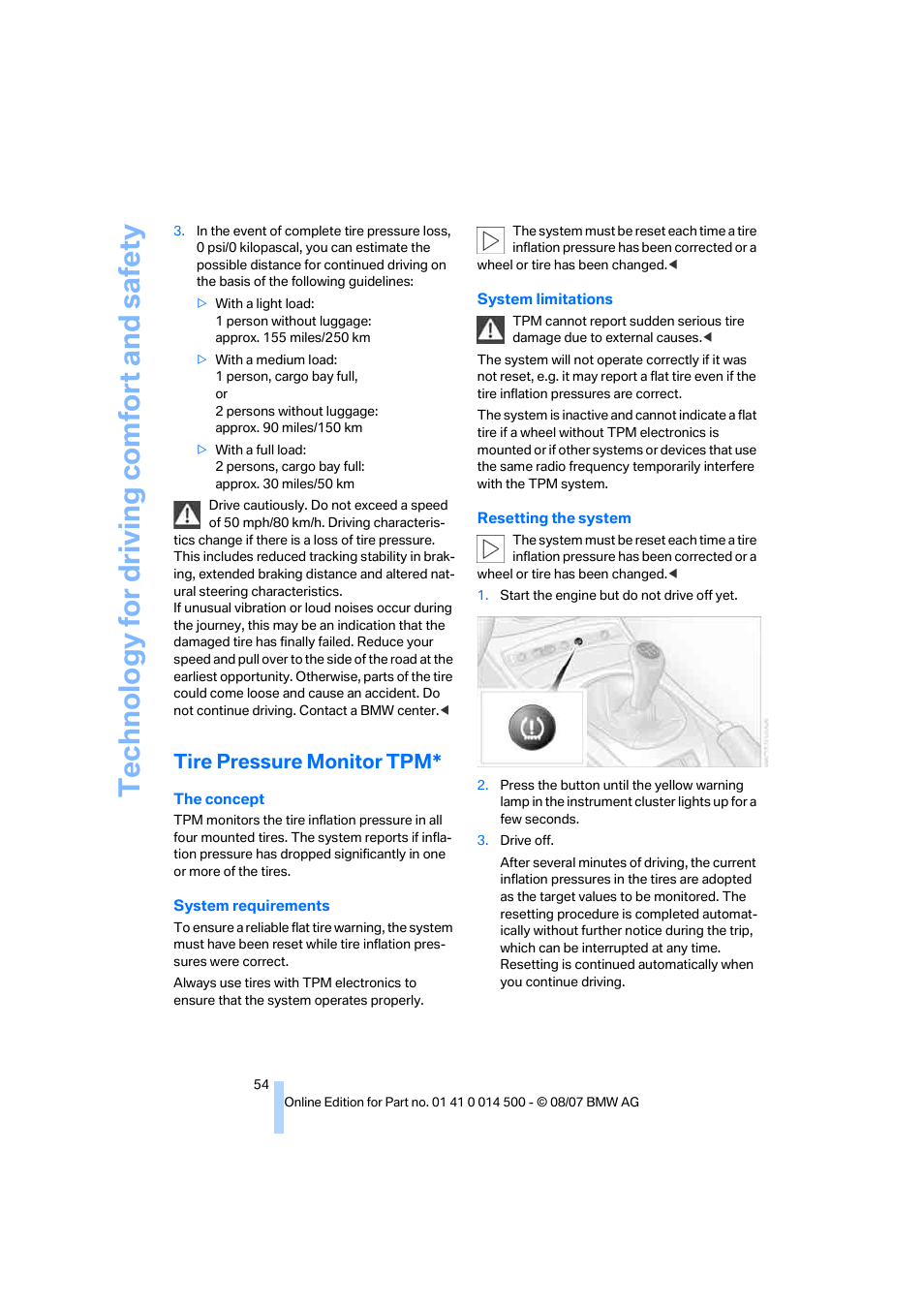 Tire pressure monitor tpm, Te chnology for driving comfort and safe ty | BMW Z4 Roadster 3.0si 2008 User Manual | Page 56 / 132