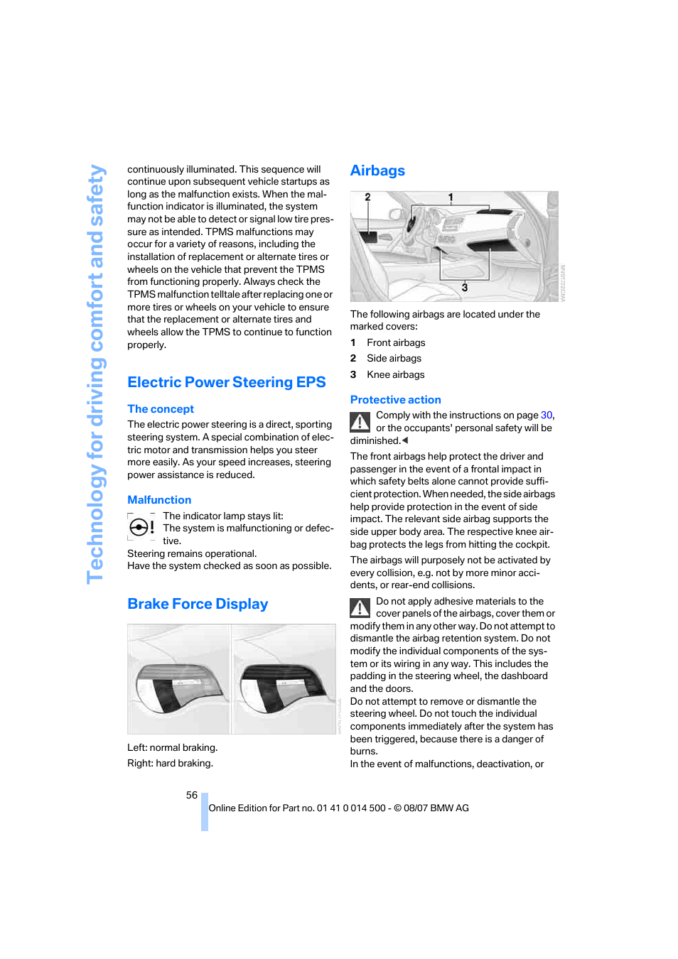 Electric power steering eps, Brake force display, Airbags | Te chnology for driving comfort and safe ty | BMW Z4 Roadster 3.0si 2008 User Manual | Page 58 / 132