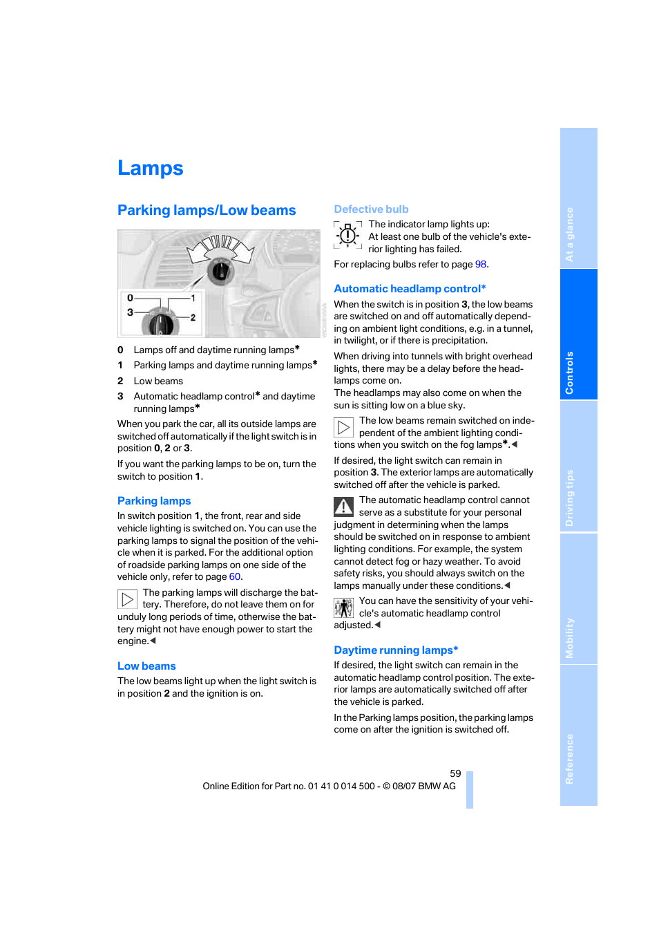 Lamps, Parking lamps/low beams | BMW Z4 Roadster 3.0si 2008 User Manual | Page 61 / 132