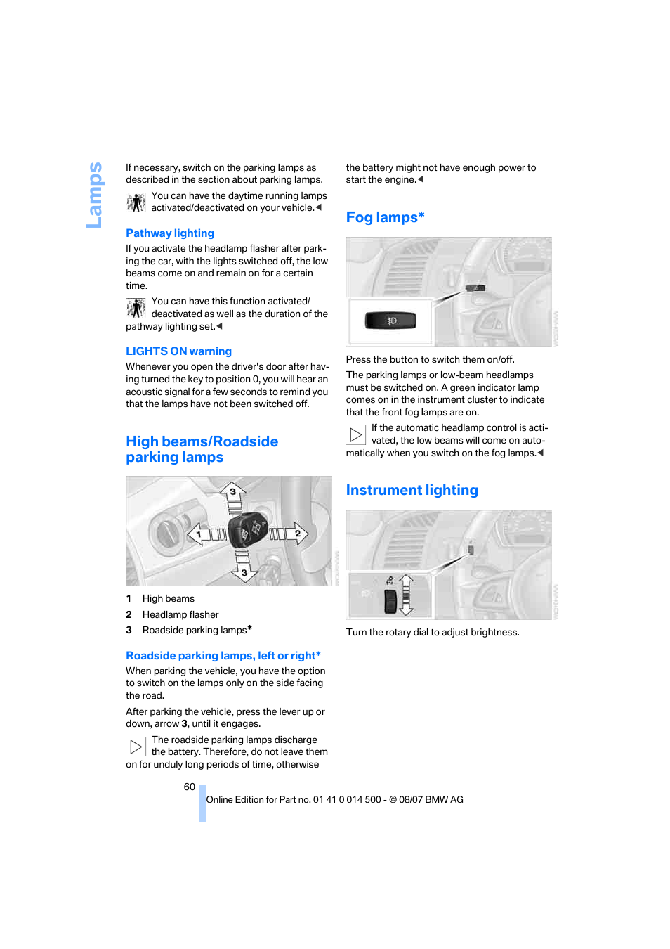 High beams/roadside parking lamps, Fog lamps, Instrument lighting | La mp s | BMW Z4 Roadster 3.0si 2008 User Manual | Page 62 / 132