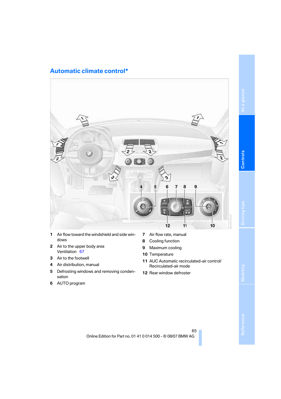 Automatic climate control | BMW Z4 Roadster 3.0si 2008 User Manual | Page 67 / 132