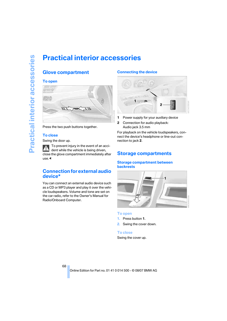 Practical interior accessories, Glove compartment, Connection for external audio device | Storage compartments, Practical interi or acc ess orie s | BMW Z4 Roadster 3.0si 2008 User Manual | Page 70 / 132