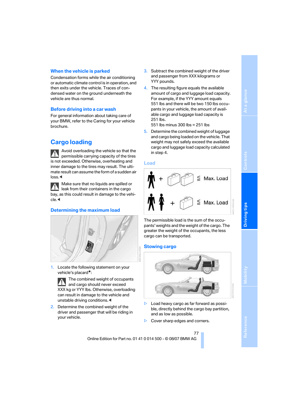 Cargo loading | BMW Z4 Roadster 3.0si 2008 User Manual | Page 79 / 132