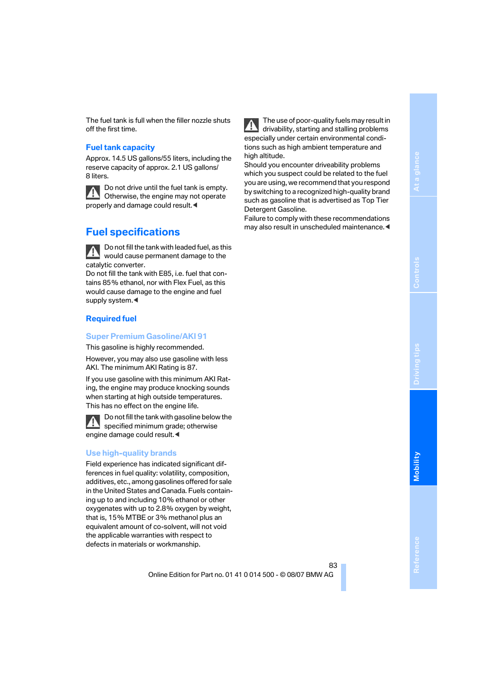 Fuel specifications | BMW Z4 Roadster 3.0si 2008 User Manual | Page 85 / 132