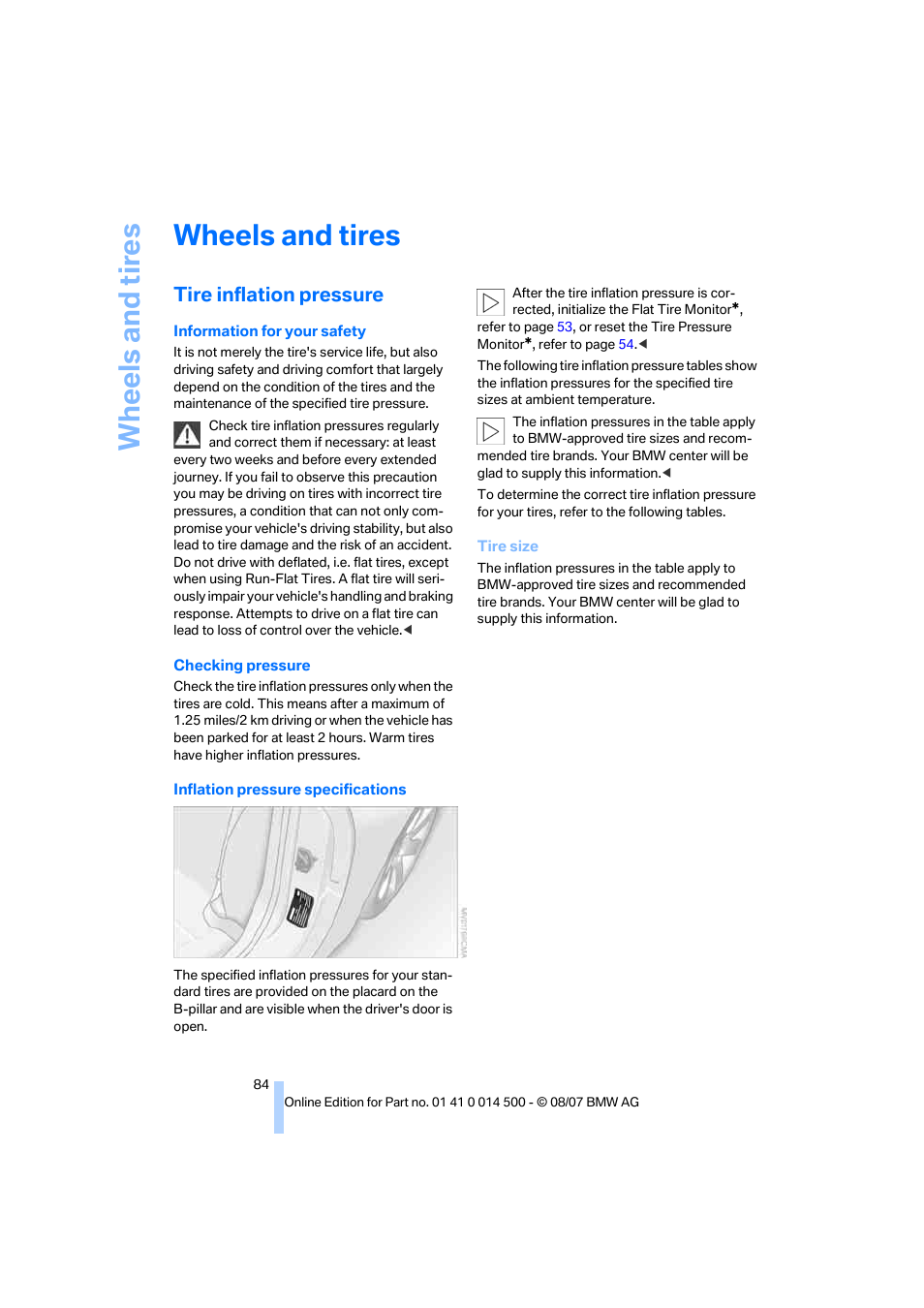 Wheels and tires, Tire inflation pressure, Wh eels and tire s | BMW Z4 Roadster 3.0si 2008 User Manual | Page 86 / 132