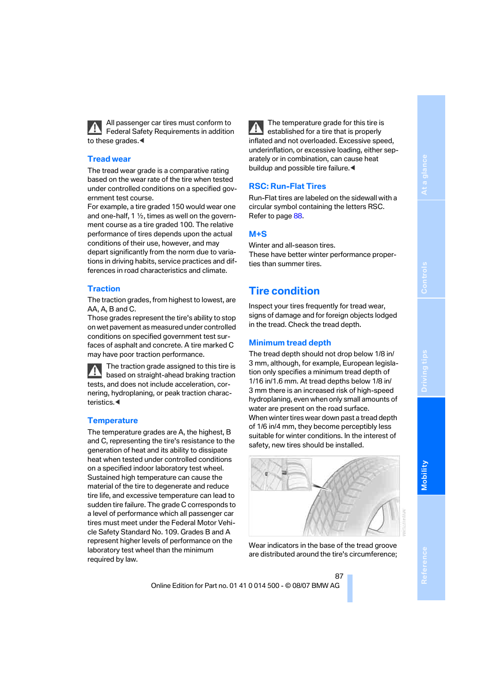 Tire condition | BMW Z4 Roadster 3.0si 2008 User Manual | Page 89 / 132