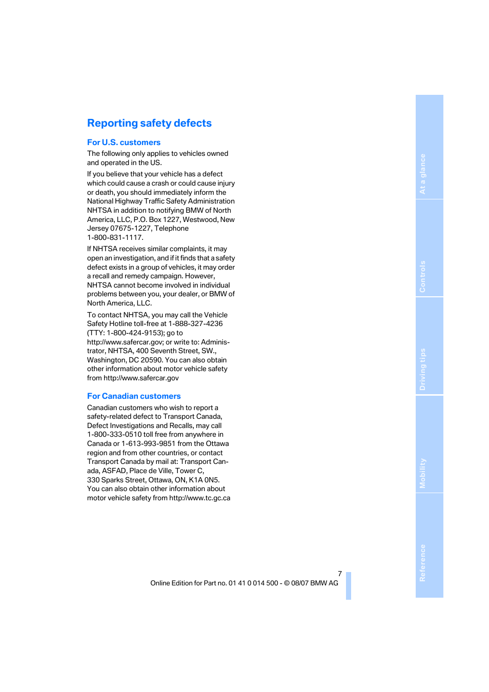 Reporting safety defects | BMW Z4 Roadster 3.0si 2008 User Manual | Page 9 / 132