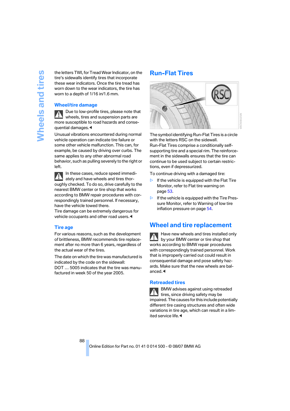 Run-flat tires, Wheel and tire replacement, Wh eels and tire s | BMW Z4 Roadster 3.0si 2008 User Manual | Page 90 / 132