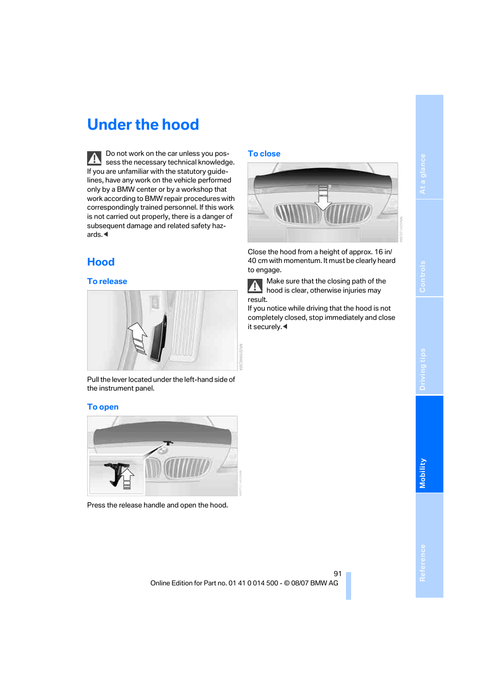 Under the hood, Hood | BMW Z4 Roadster 3.0si 2008 User Manual | Page 93 / 132