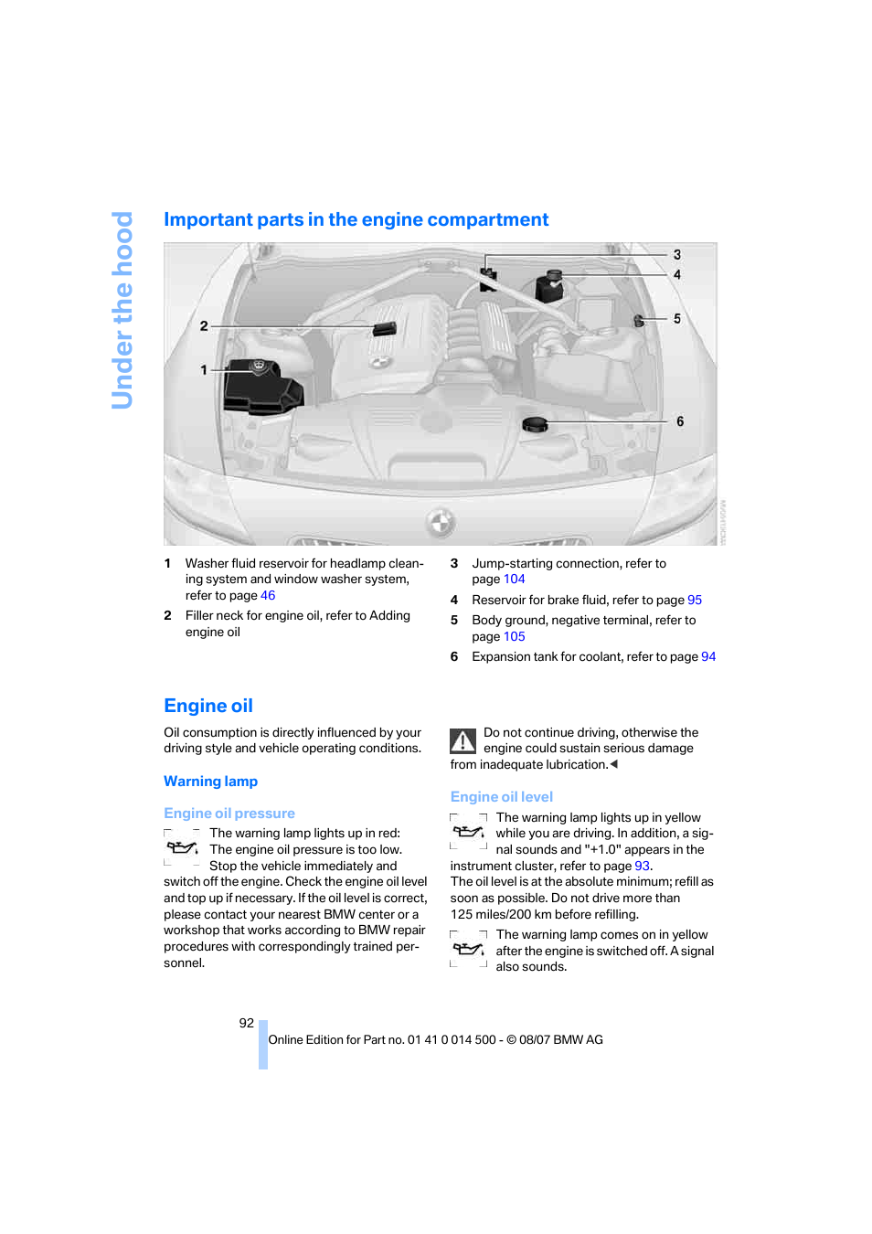 Important parts in the engine compartment, Engine oil | BMW Z4 Roadster 3.0si 2008 User Manual | Page 94 / 132