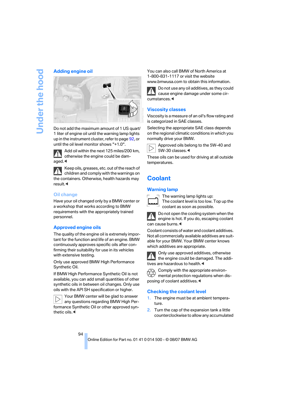 Coolant, Adding, Engine oil | To adding engine oil | BMW Z4 Roadster 3.0si 2008 User Manual | Page 96 / 132