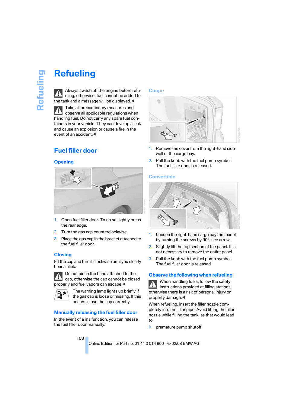 Refueling, Fuel filler door, Ilit | Re fueling | BMW M3 Convertible 2008 User Manual | Page 110 / 172