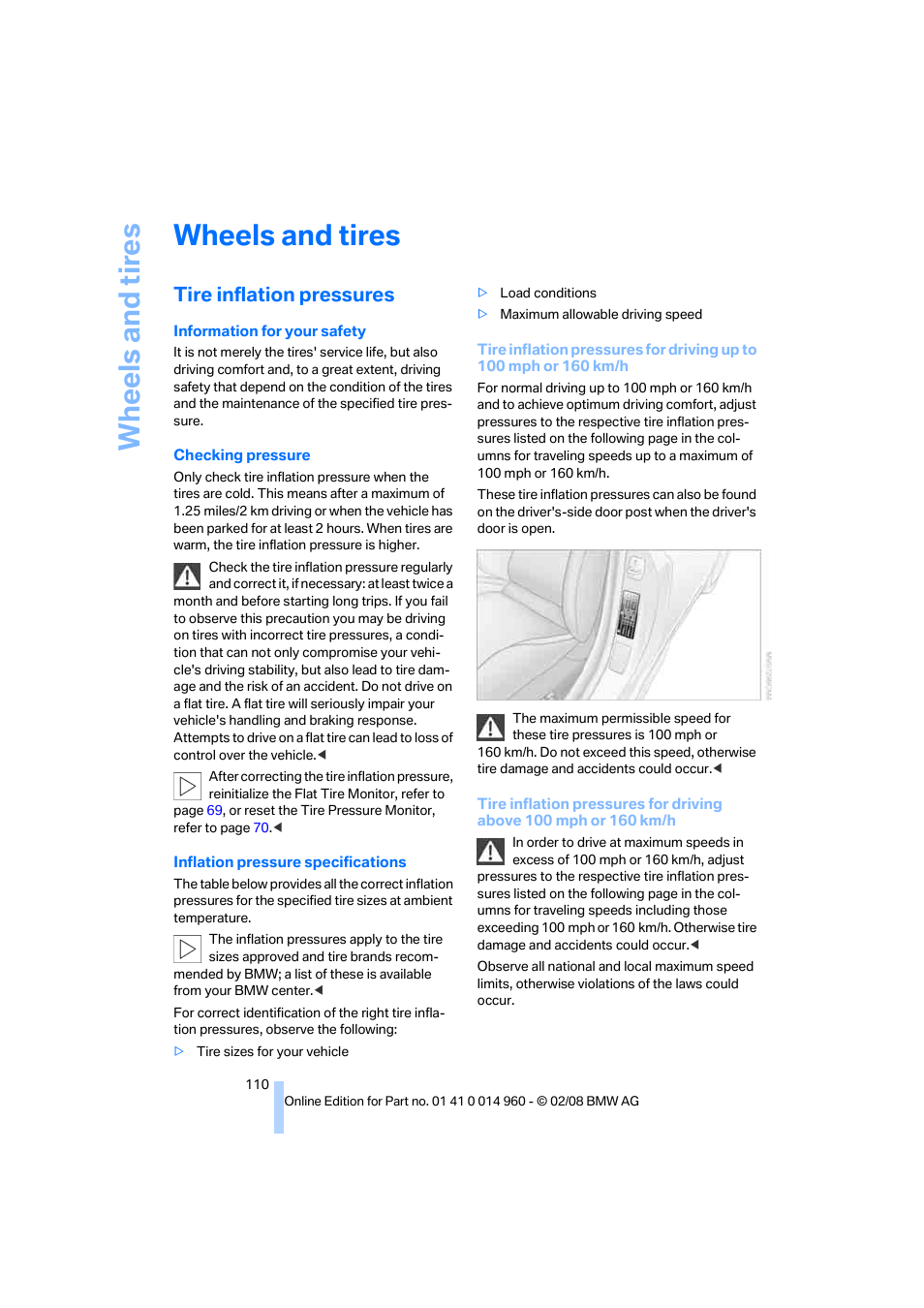 Wheels and tires, Tire inflation pressures, Wh eels and tire s | BMW M3 Convertible 2008 User Manual | Page 112 / 172