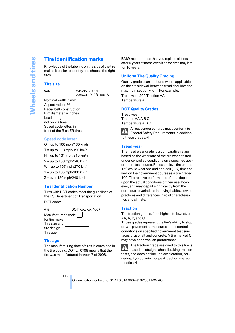 Tire identification marks, Wh eels and tire s | BMW M3 Convertible 2008 User Manual | Page 114 / 172