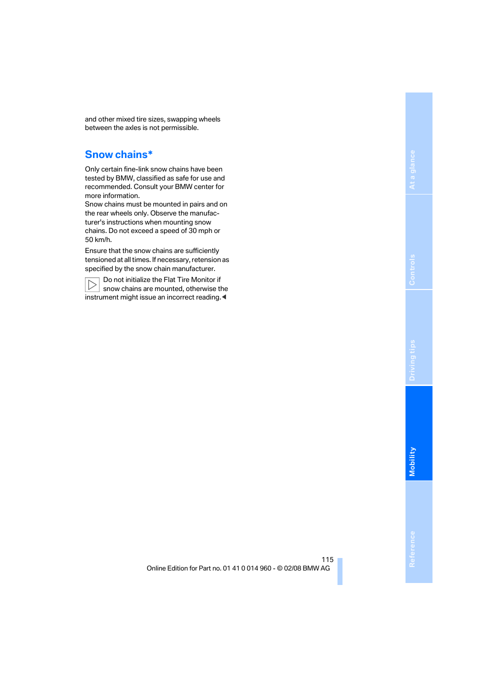 Snow chains | BMW M3 Convertible 2008 User Manual | Page 117 / 172