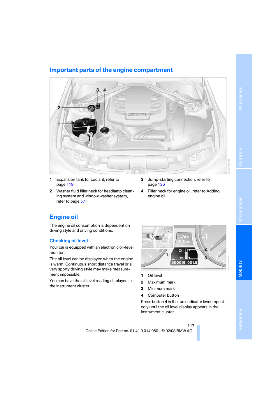 Important parts of the engine compartment, Engine oil, Checking oil level | BMW M3 Convertible 2008 User Manual | Page 119 / 172