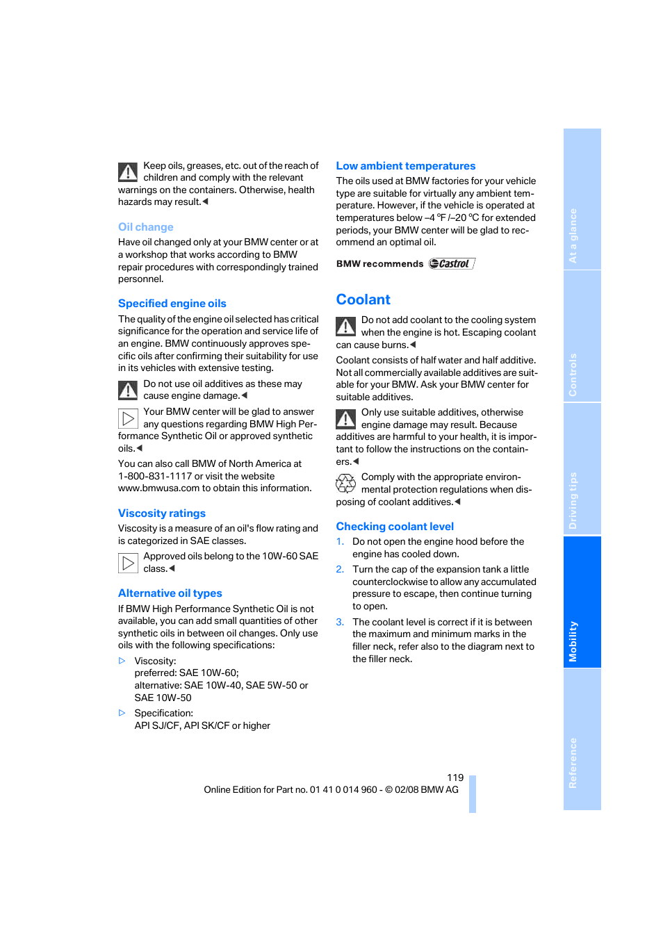 Coolant | BMW M3 Convertible 2008 User Manual | Page 121 / 172