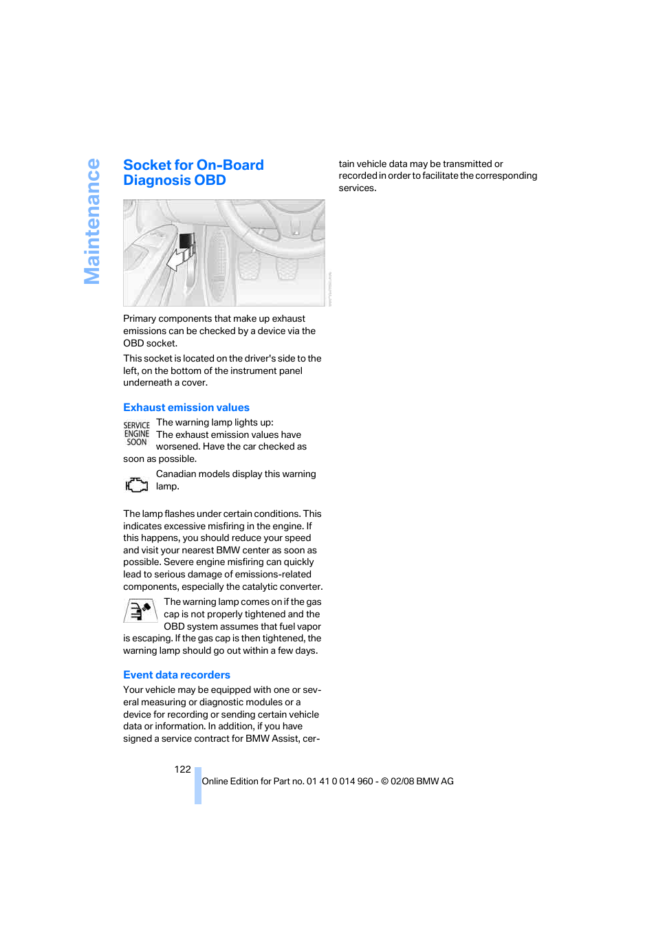 Socket for on-board diagnosis obd, Maintenance | BMW M3 Convertible 2008 User Manual | Page 124 / 172