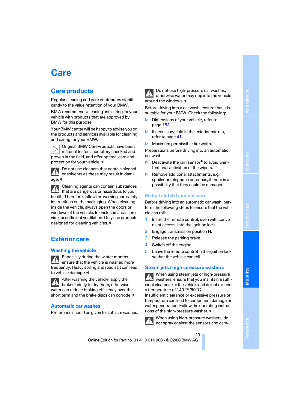 Care, Care products, Exterior care | BMW M3 Convertible 2008 User Manual | Page 125 / 172