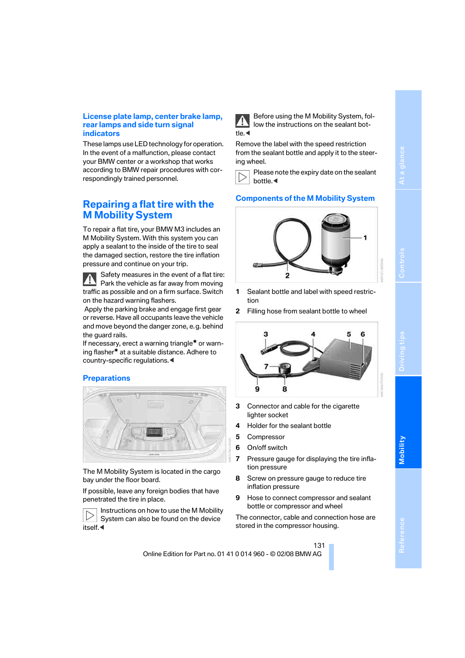 Repairing a flat tire with the m mobility system | BMW M3 Convertible 2008 User Manual | Page 133 / 172