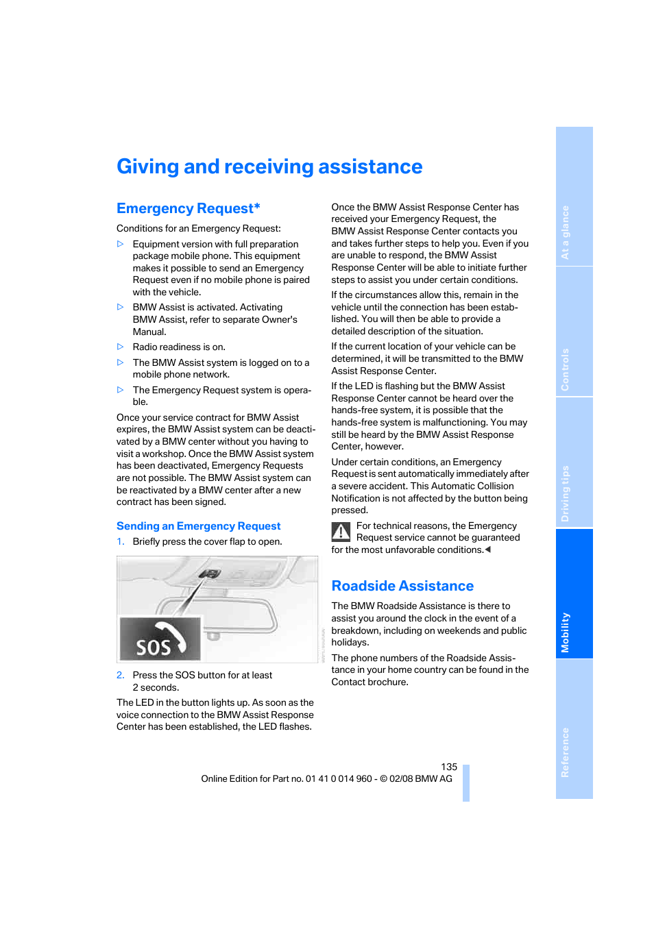 Giving and receiving assistance, Emergency request, Roadside assistance | BMW M3 Convertible 2008 User Manual | Page 137 / 172