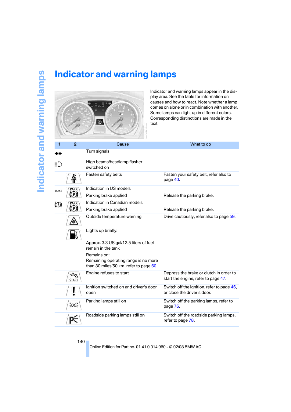 Indicator and warning lamps, Indicat o r and warni n g lam p s | BMW M3 Convertible 2008 User Manual | Page 142 / 172