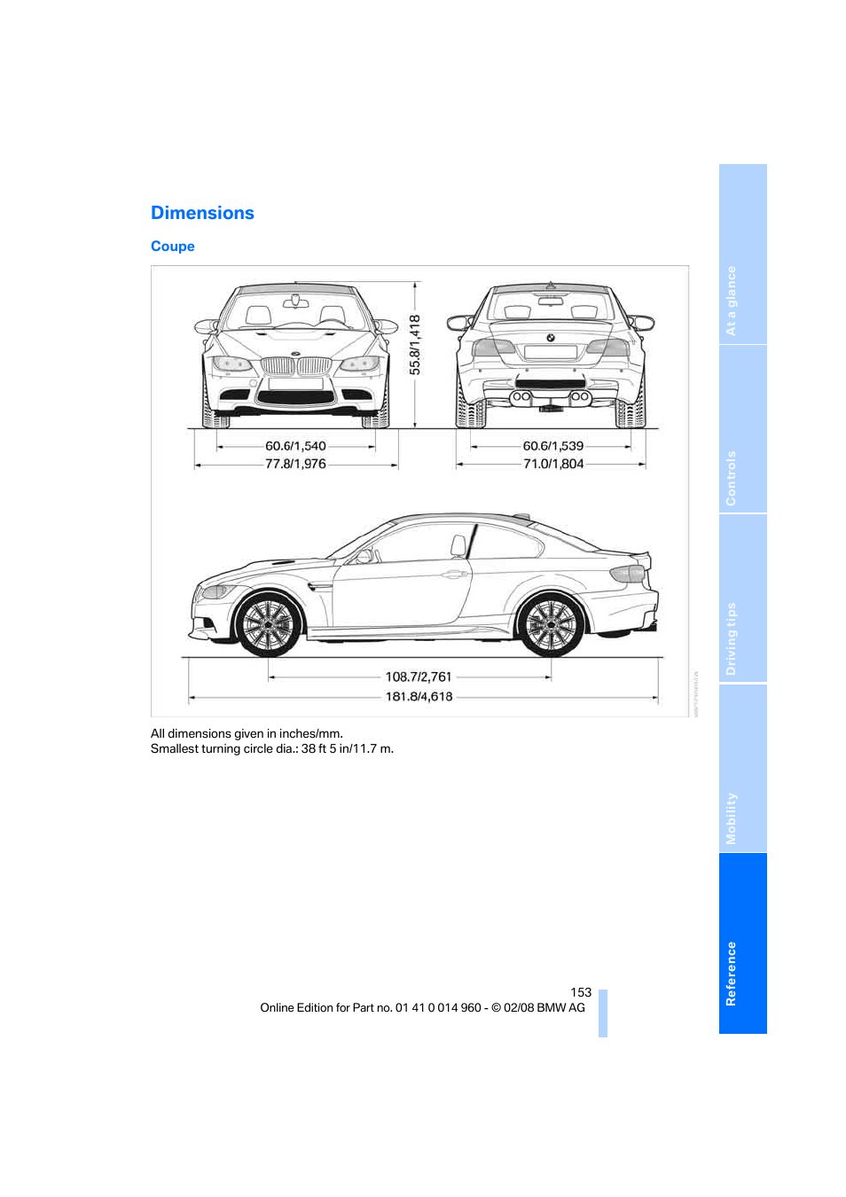 Dimensions | BMW M3 Convertible 2008 User Manual | Page 155 / 172