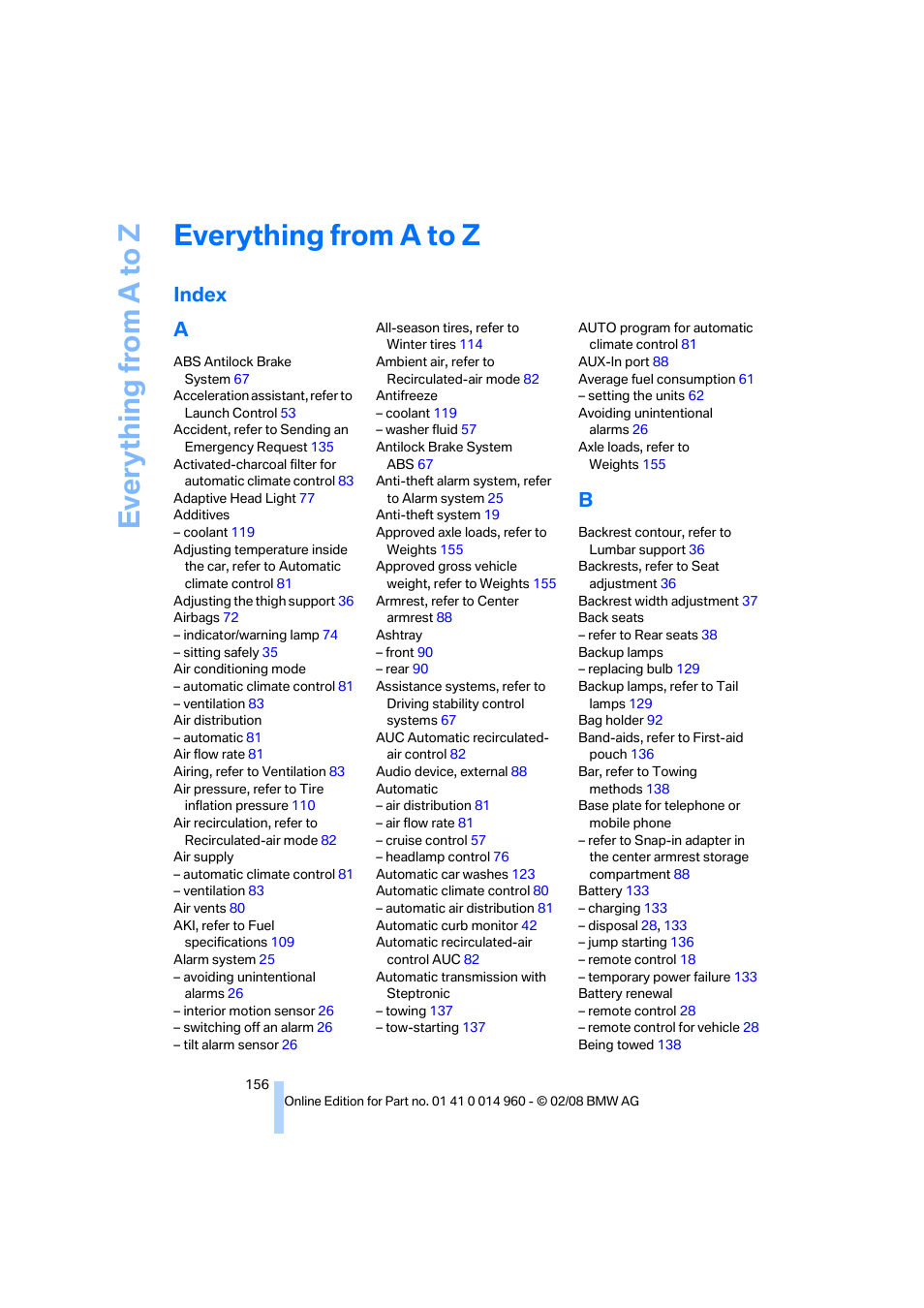 Everything from a to z, Index, Index a | BMW M3 Convertible 2008 User Manual | Page 158 / 172