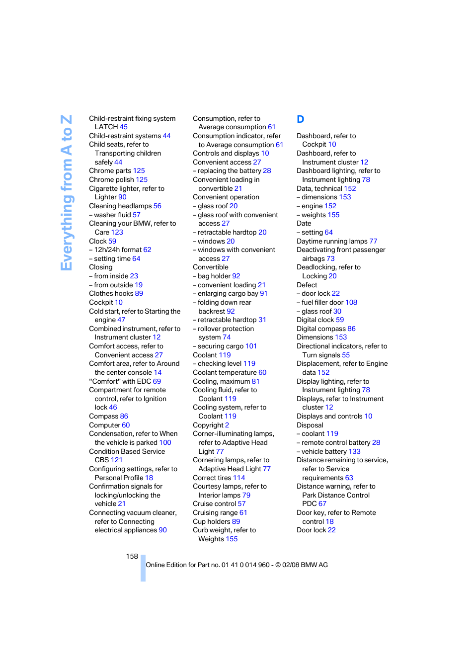 Everything from a to z | BMW M3 Convertible 2008 User Manual | Page 160 / 172