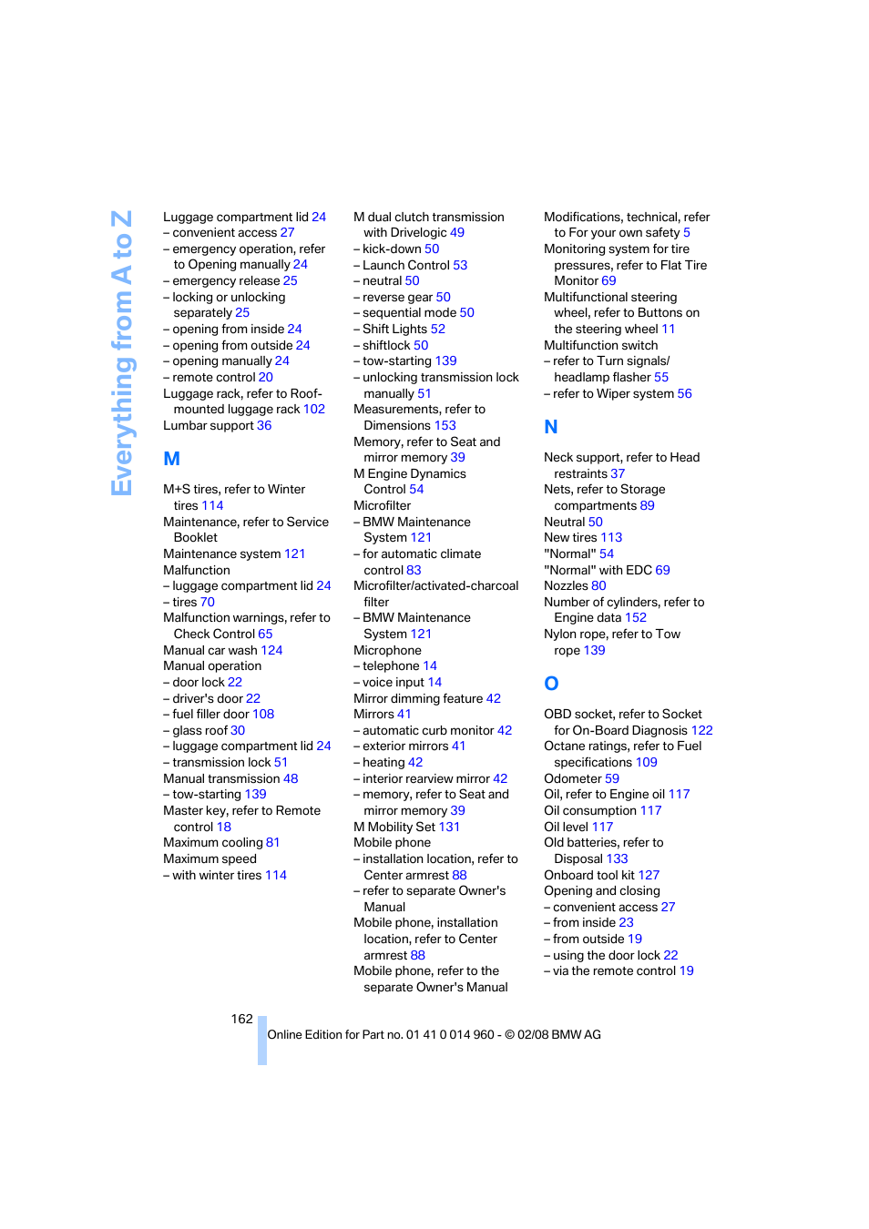 Everything from a to z | BMW M3 Convertible 2008 User Manual | Page 164 / 172