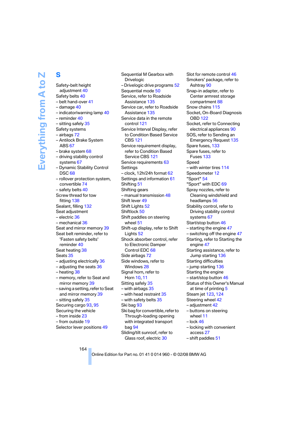 Everything from a to z | BMW M3 Convertible 2008 User Manual | Page 166 / 172