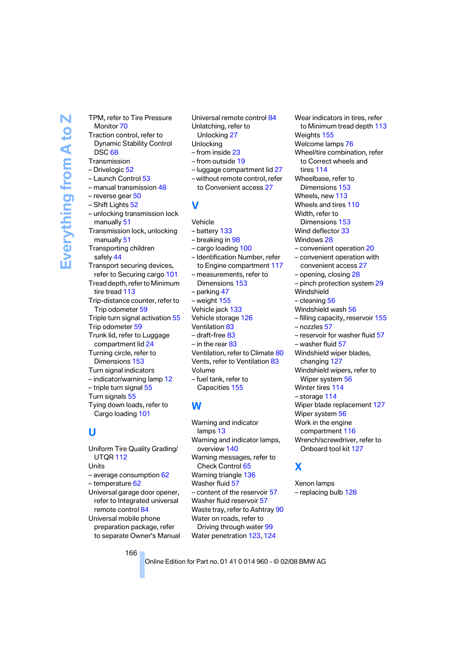 Everything from a to z | BMW M3 Convertible 2008 User Manual | Page 168 / 172