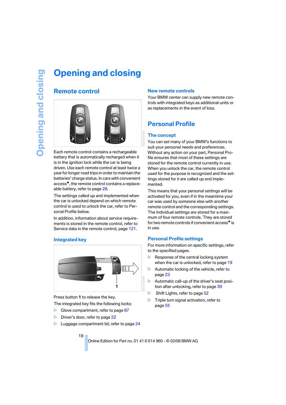 Opening and closing, Remote control, Personal profile | BMW M3 Convertible 2008 User Manual | Page 20 / 172