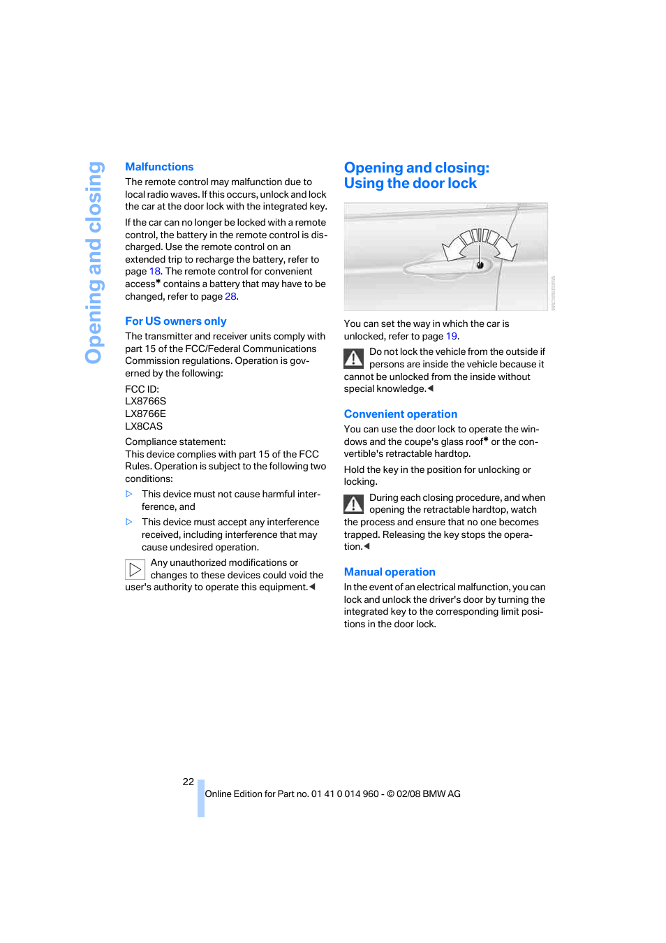 Opening and closing: using the door lock, Opening and closing | BMW M3 Convertible 2008 User Manual | Page 24 / 172