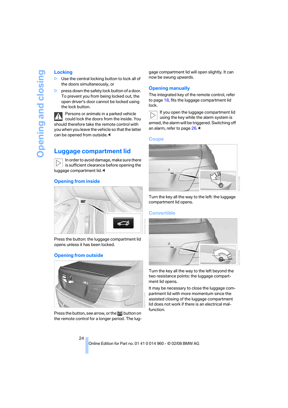 Luggage compartment lid, Opening and closing | BMW M3 Convertible 2008 User Manual | Page 26 / 172