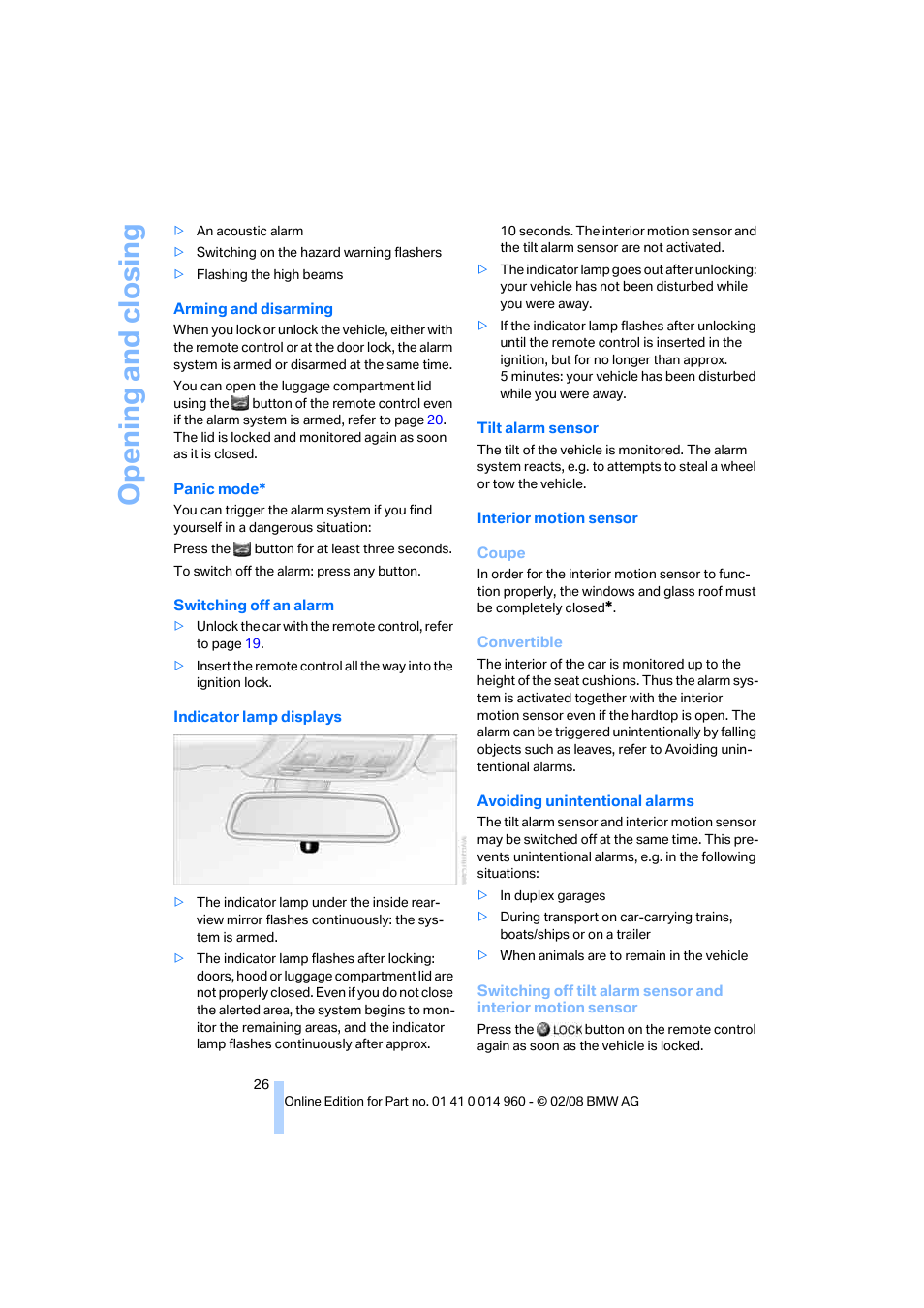 D. switching off an alarm, Opening and closing | BMW M3 Convertible 2008 User Manual | Page 28 / 172