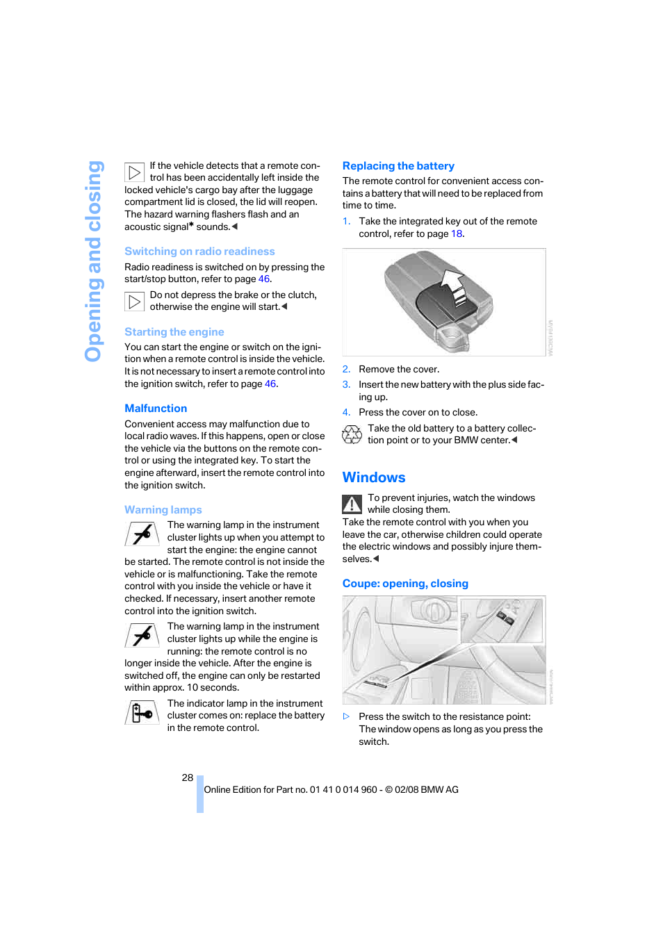 Windows, Opening and closing | BMW M3 Convertible 2008 User Manual | Page 30 / 172