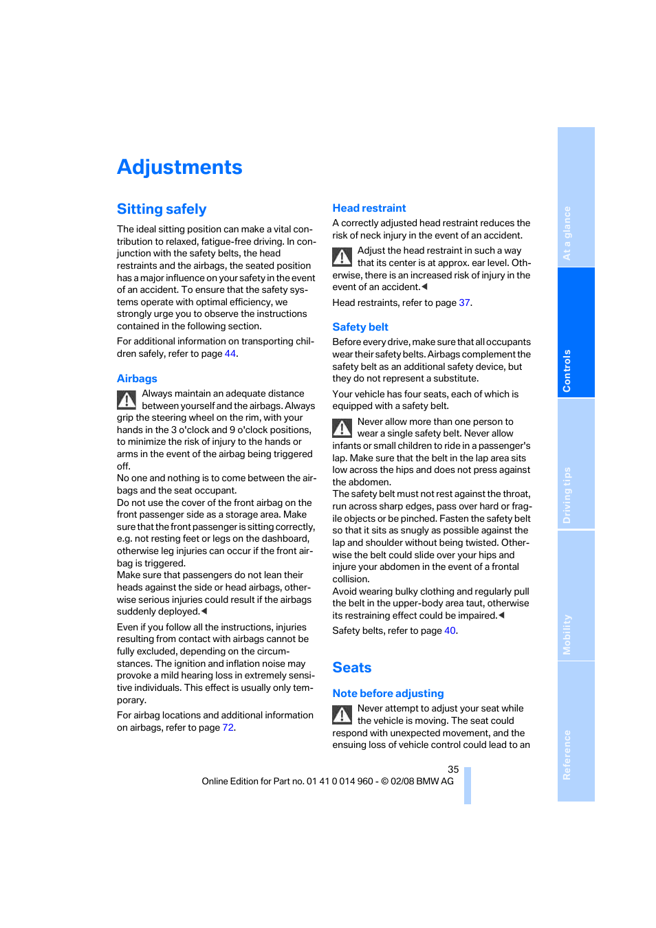 Adjustments, Sitting safely, Seats | BMW M3 Convertible 2008 User Manual | Page 37 / 172