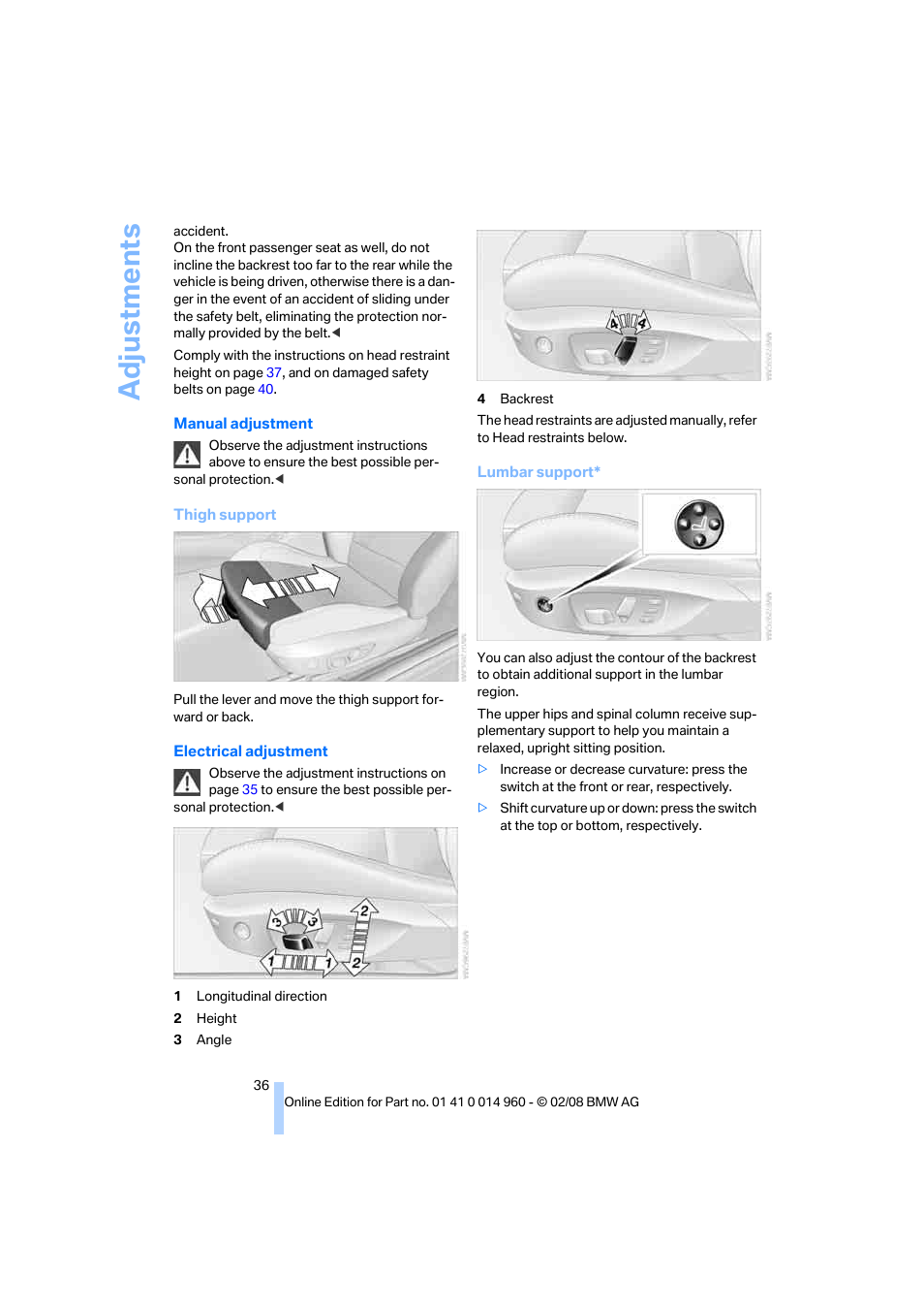 Adju stmen ts | BMW M3 Convertible 2008 User Manual | Page 38 / 172