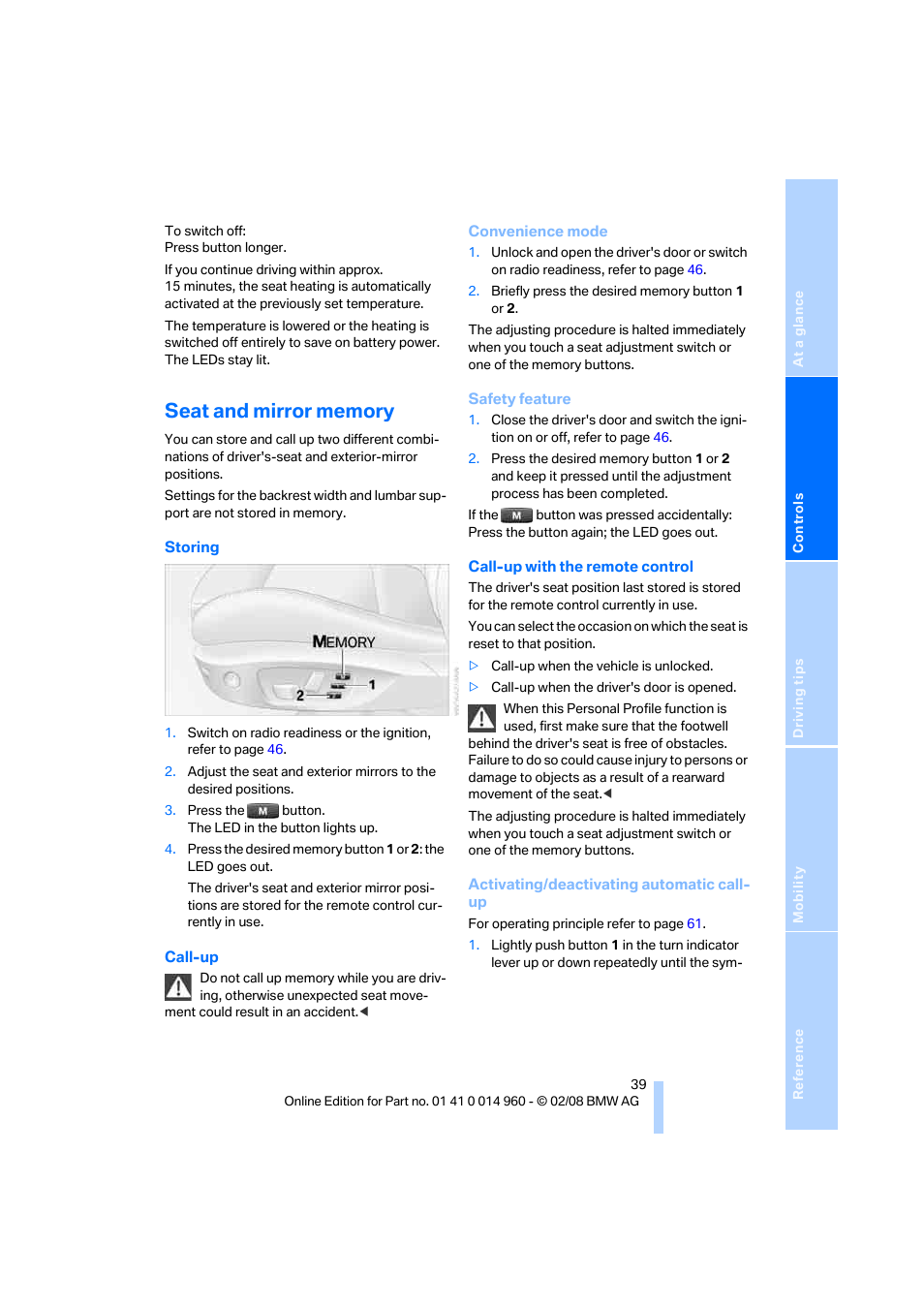 Seat and mirror memory | BMW M3 Convertible 2008 User Manual | Page 41 / 172