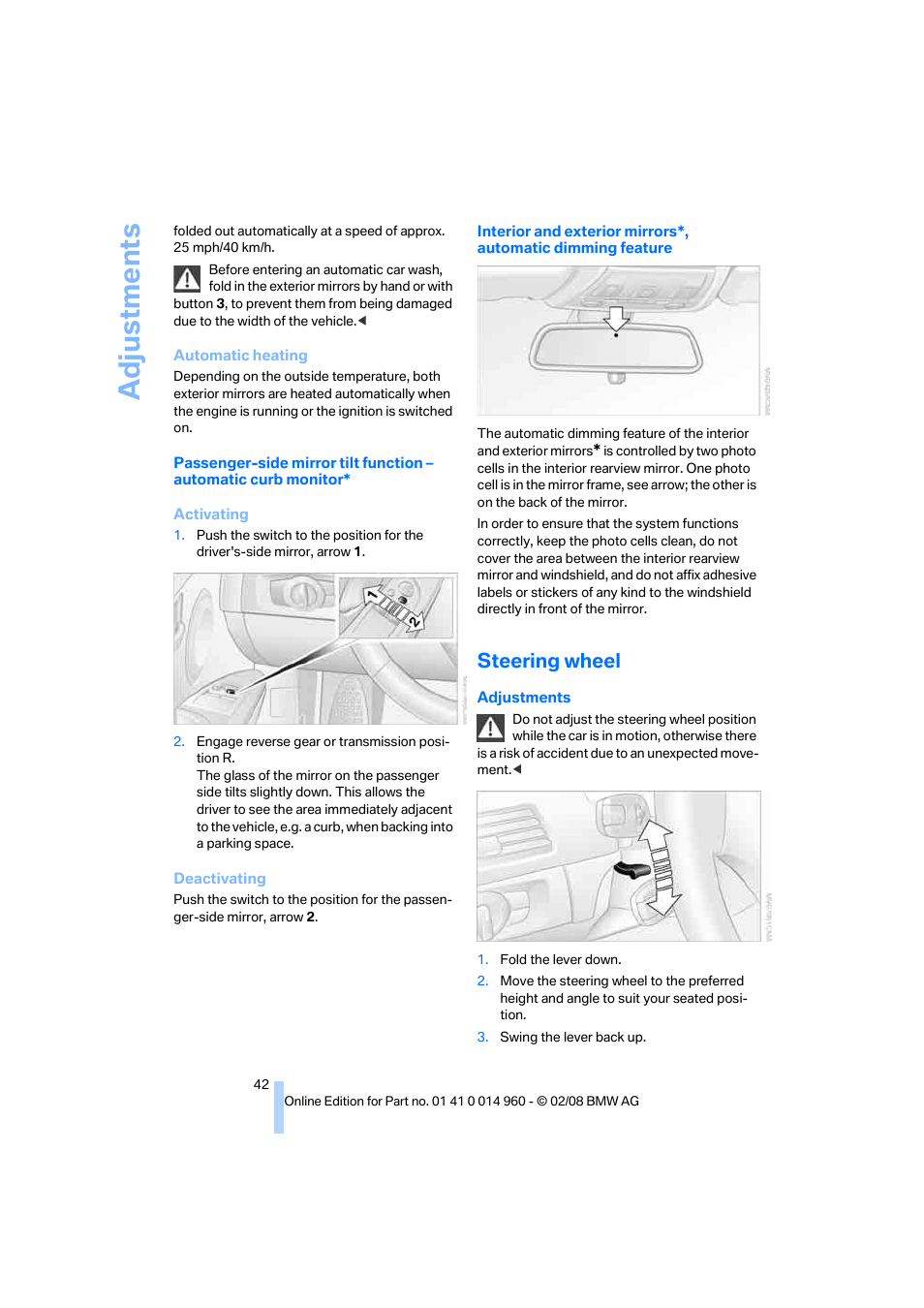 Steering wheel, Wheel, Adju stmen ts | BMW M3 Convertible 2008 User Manual | Page 44 / 172