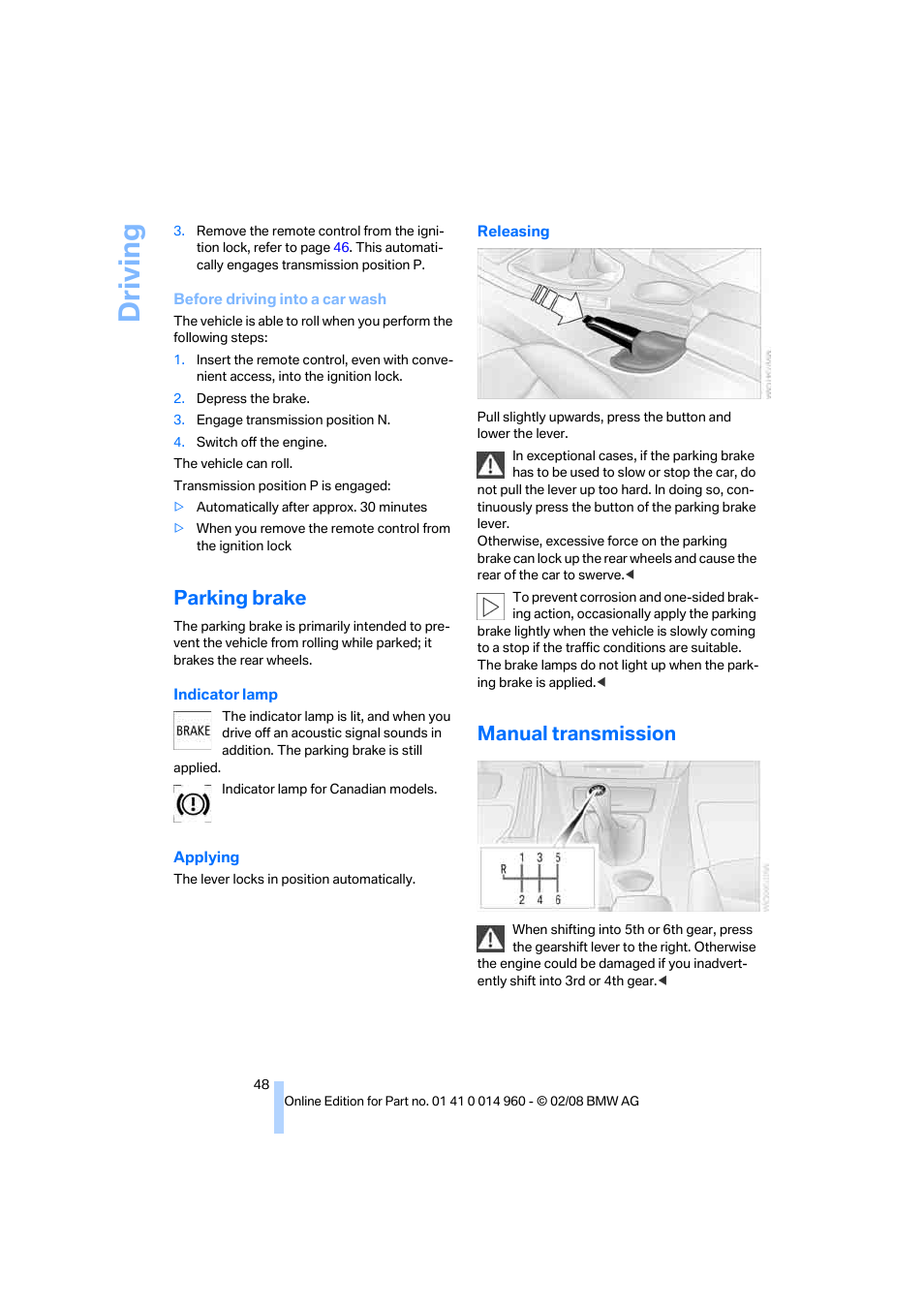 Parking brake, Manual transmission, Driving | BMW M3 Convertible 2008 User Manual | Page 50 / 172