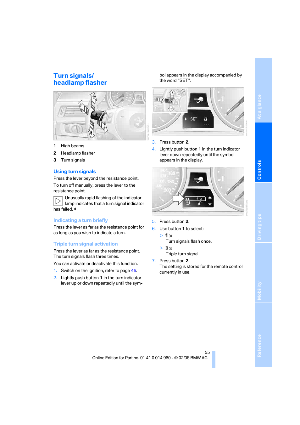 Turn signals/ headlamp flasher | BMW M3 Convertible 2008 User Manual | Page 57 / 172