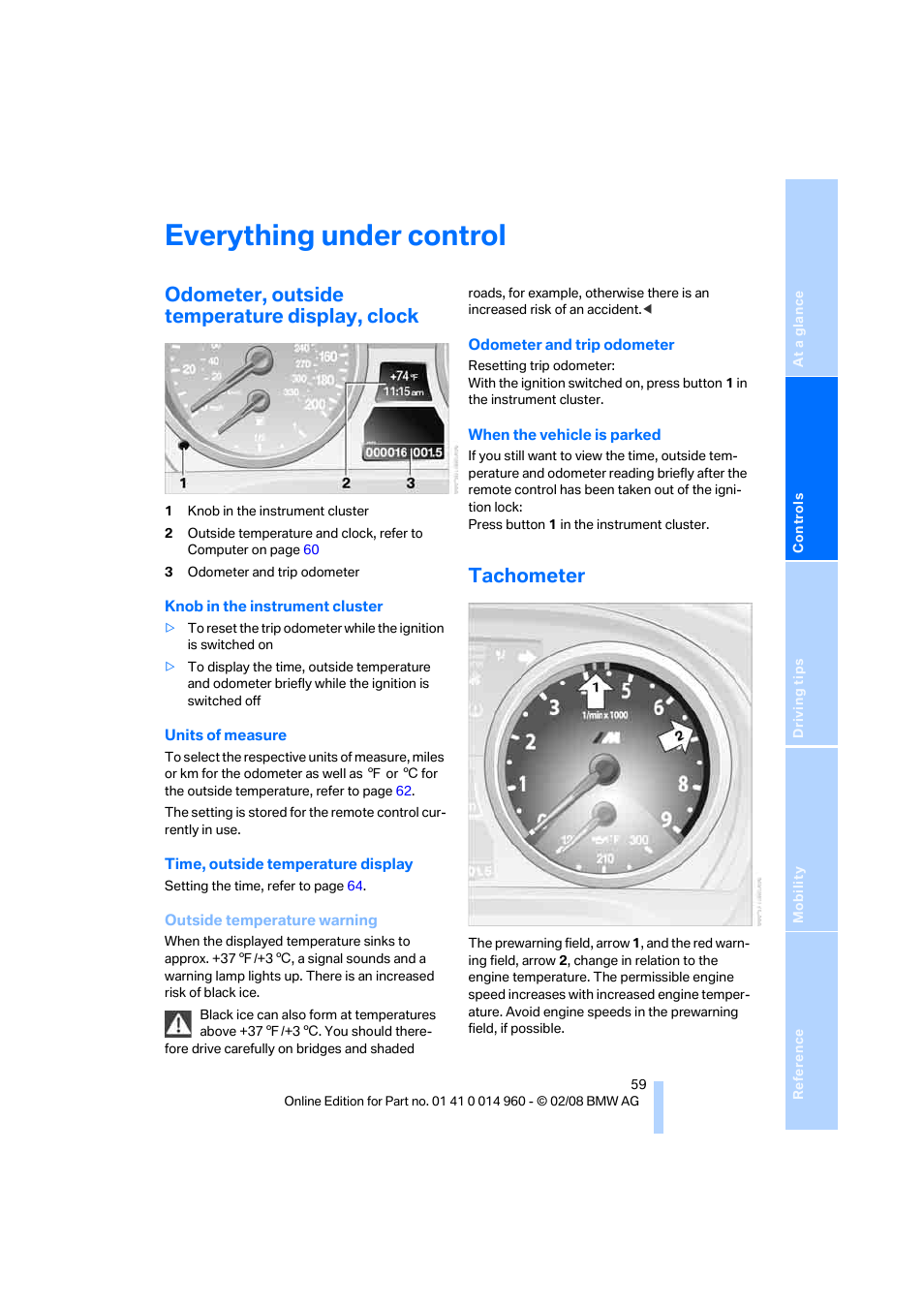 Everything under control, Odometer, outside temperature display, clock, Tachometer | BMW M3 Convertible 2008 User Manual | Page 61 / 172