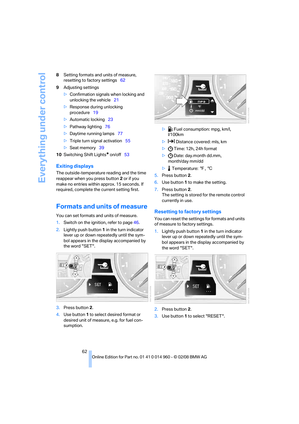 Formats and units of measure, Formats and units of measure o, Eve ryth ing un de r co nt rol | BMW M3 Convertible 2008 User Manual | Page 64 / 172