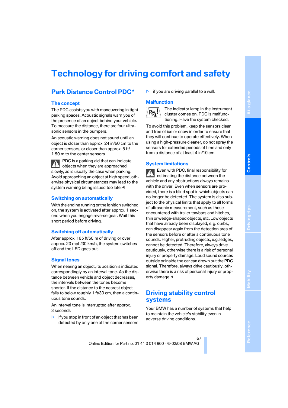 Technology for driving comfort and safety, Park distance control pdc, Driving stability control systems | BMW M3 Convertible 2008 User Manual | Page 69 / 172